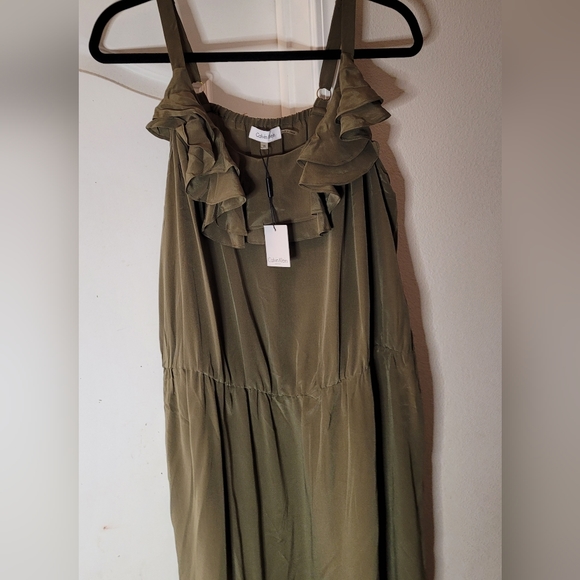 Calvin Klein Olive Green Silk Ruffle Front Dress, NWT - Picture 5 of 5